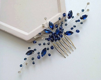 Navy blue hair comb Royal blue hair comb Wedding hair accessories Navy blue hair piece Silver and blue side hair comb Blue bridal comb