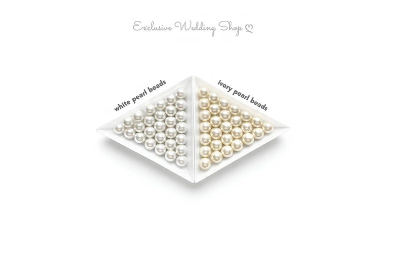 May include: An image of white and ivory pearl beads arranged in a diamond shape. The text "Exclusive Wedding Shop" is at the top. The white pearls are labeled "white pearl beads" and the ivory pearls are labeled "ivory pearl beads".