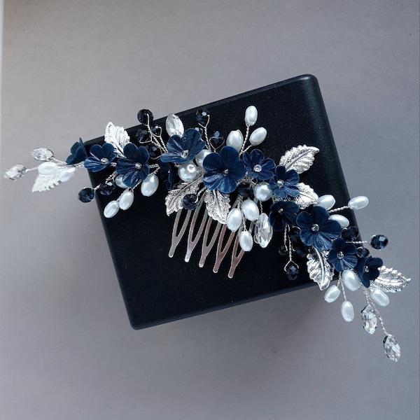 Navy blue hair comb Navy blue jewelry Navy hair accessory Navy blue earrings something Blue hair combs Floral hair comb Bridal hair piece