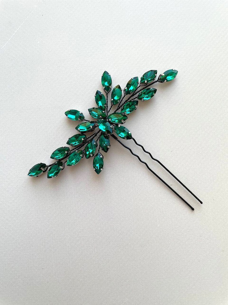 Emerald hair pin Green har pin Green hair piece Emerald hair piece Green hair accessory Bridesmaid hair pins Crystal hair pins image 2