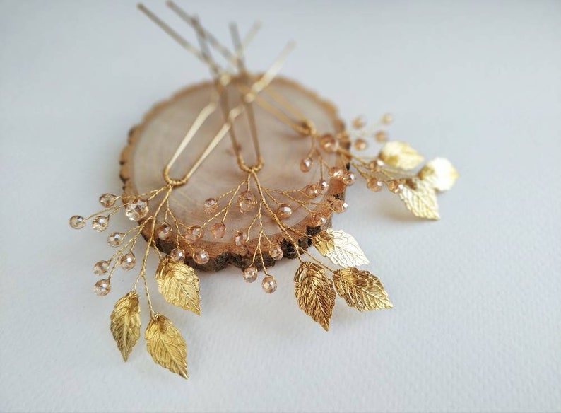 Bridal hair comb leaf gold Hairpiece gold Crystal gold hair pin Floral hair pin Wedding hair accessories gold Bridal set hair pins gold