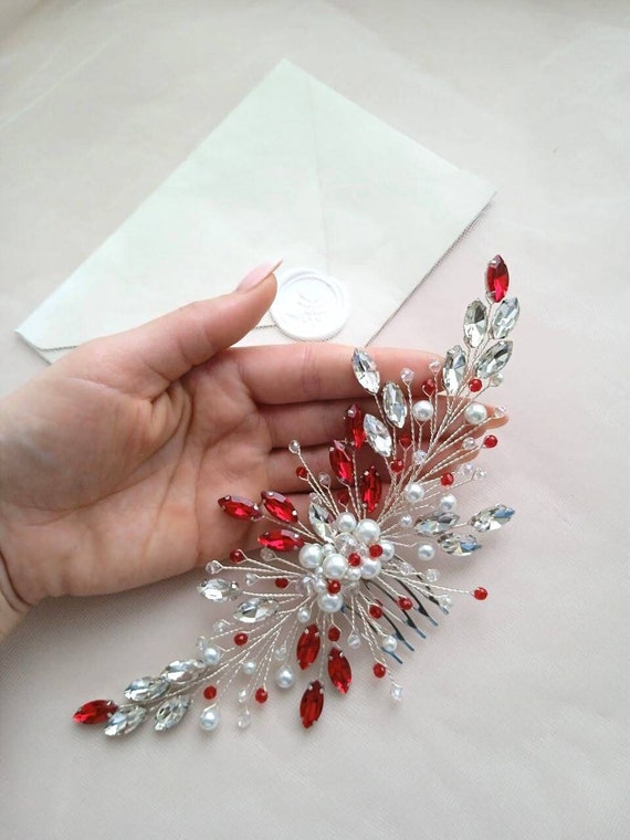 Red Crystal Bridal Hair Comb | Handmade Wedding Pearl  display picture 1