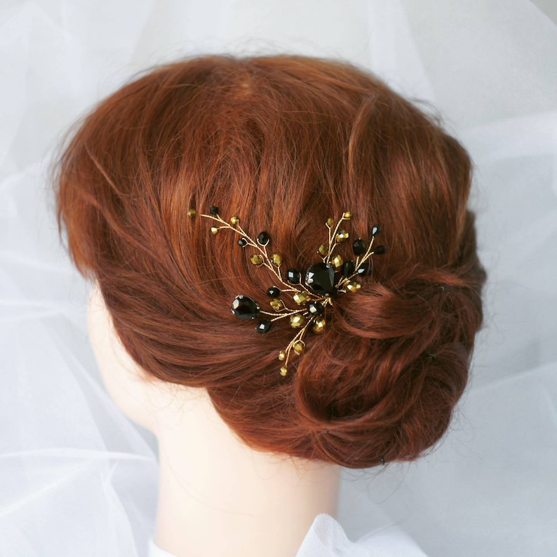 Black Hair Pin Wedding Hair Accessories Black Hair Piece Gold Etsy