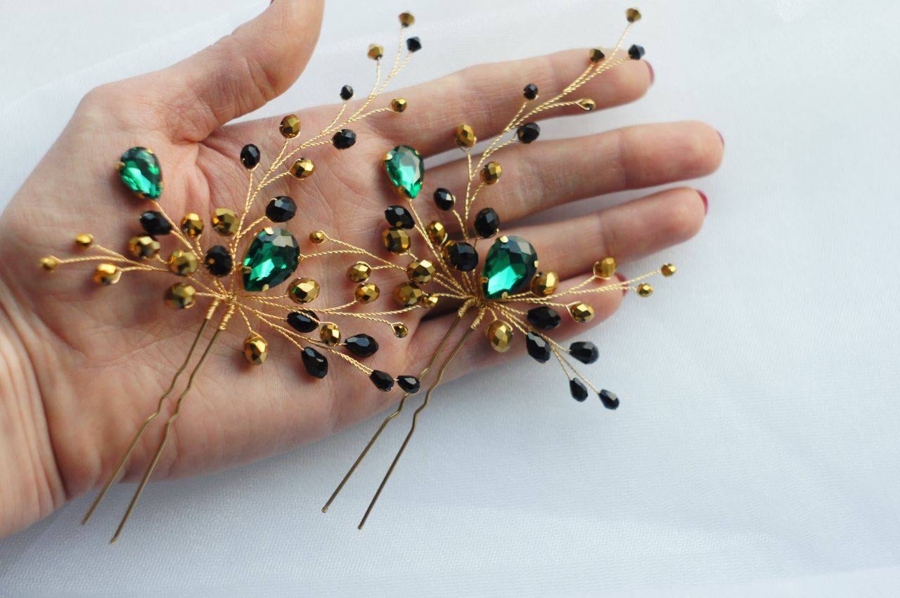 Black hair pin Wedding hair accessories Black hair piece gold Etsy