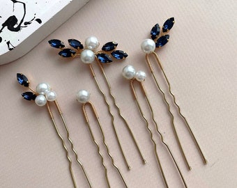 Blue hair pins Wedding hair pins Something blue hair accessories Pearl hair pins Bridal hair piece Bridesmaid hair pin Navy blue hair pins