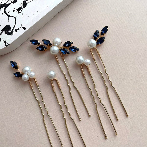 Blue hair pins Wedding hair pins Something blue hair accessories Pearl hair pins Bridal hair piece Bridesmaid hair pin Navy blue hair pins