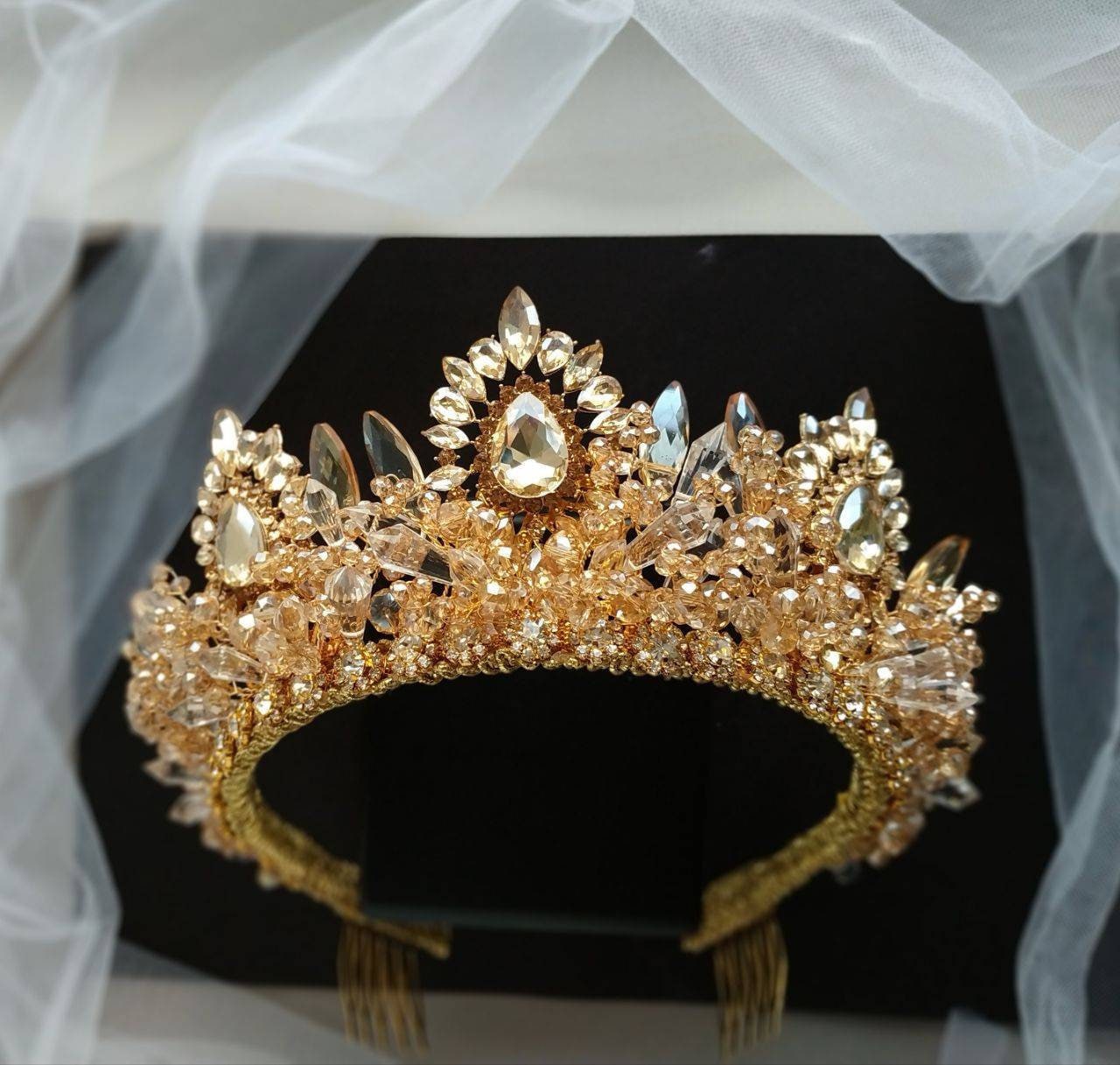 Hoch goldene Krone Champagner Tiara Gold-Tiara Hochzeit-Tiara Braut-Tiara Quinceaño Krone Brautkrone Hochzeitskrone Gold-Kopfschmuck