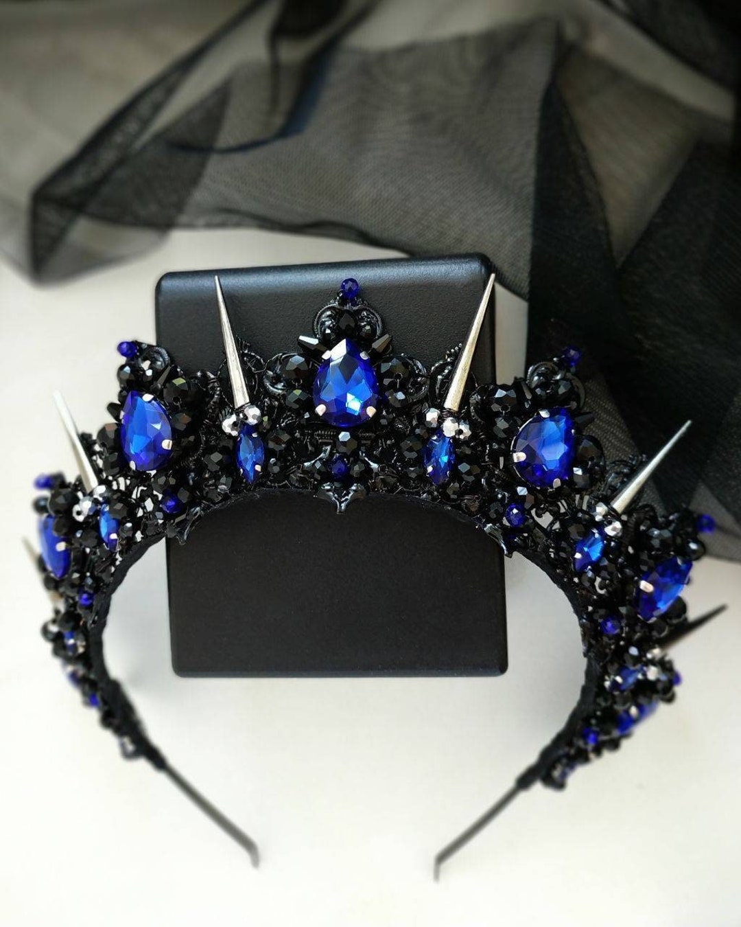 Royal Blue Gothic Spike Tiara | Bridal Crown Headpiece | Crystal
