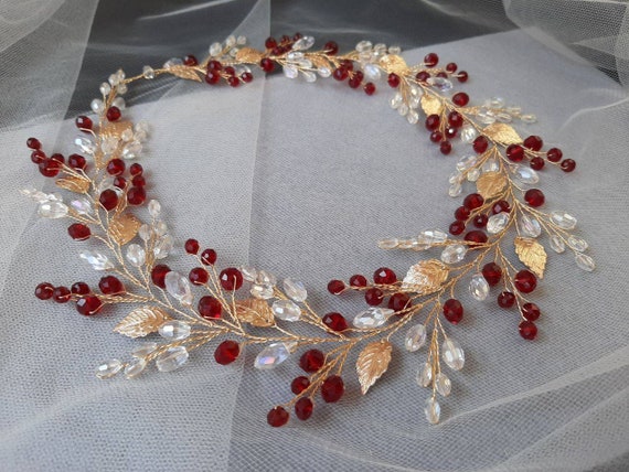 Red Bridal Hair Vine – Boho Crystal Headpiece - Etsy display picture 2