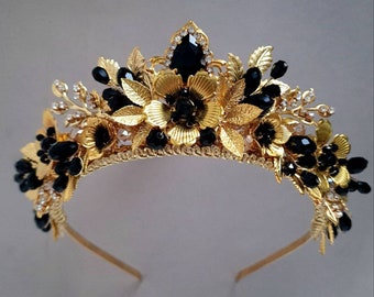 Black and gold tiara Bridal crown Birthday tiara for women Black crown Gold crown Floral crown Boho headband Black tiara Floral tiara
