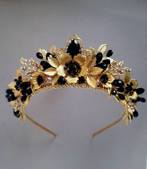 Black Gold Crystal Tiara | Floral Black Crown | Bridal or Birthday