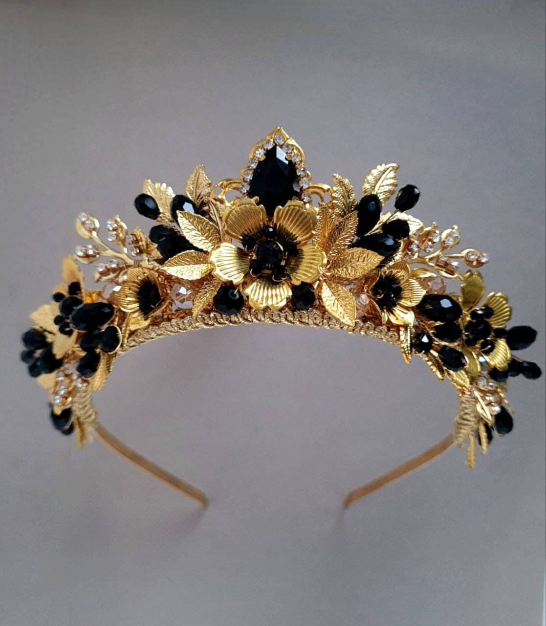 Black Gold Crystal Tiara | Floral Black Crown | Bridal or  display picture 3