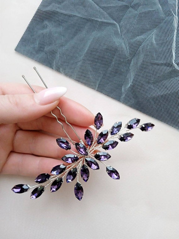 Purple Crystal Hair Pin | Amethyst Wedding Hair Accessory - Etsy display picture 2
