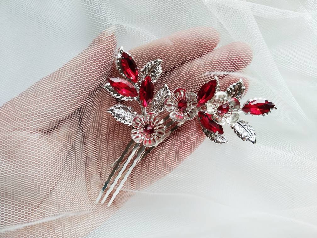 Red hair pin Red hair clip Red hair accessories Crystal hair pins Floral hair pins Red hair comb Silver hair pins Bridesmaid hair comb
