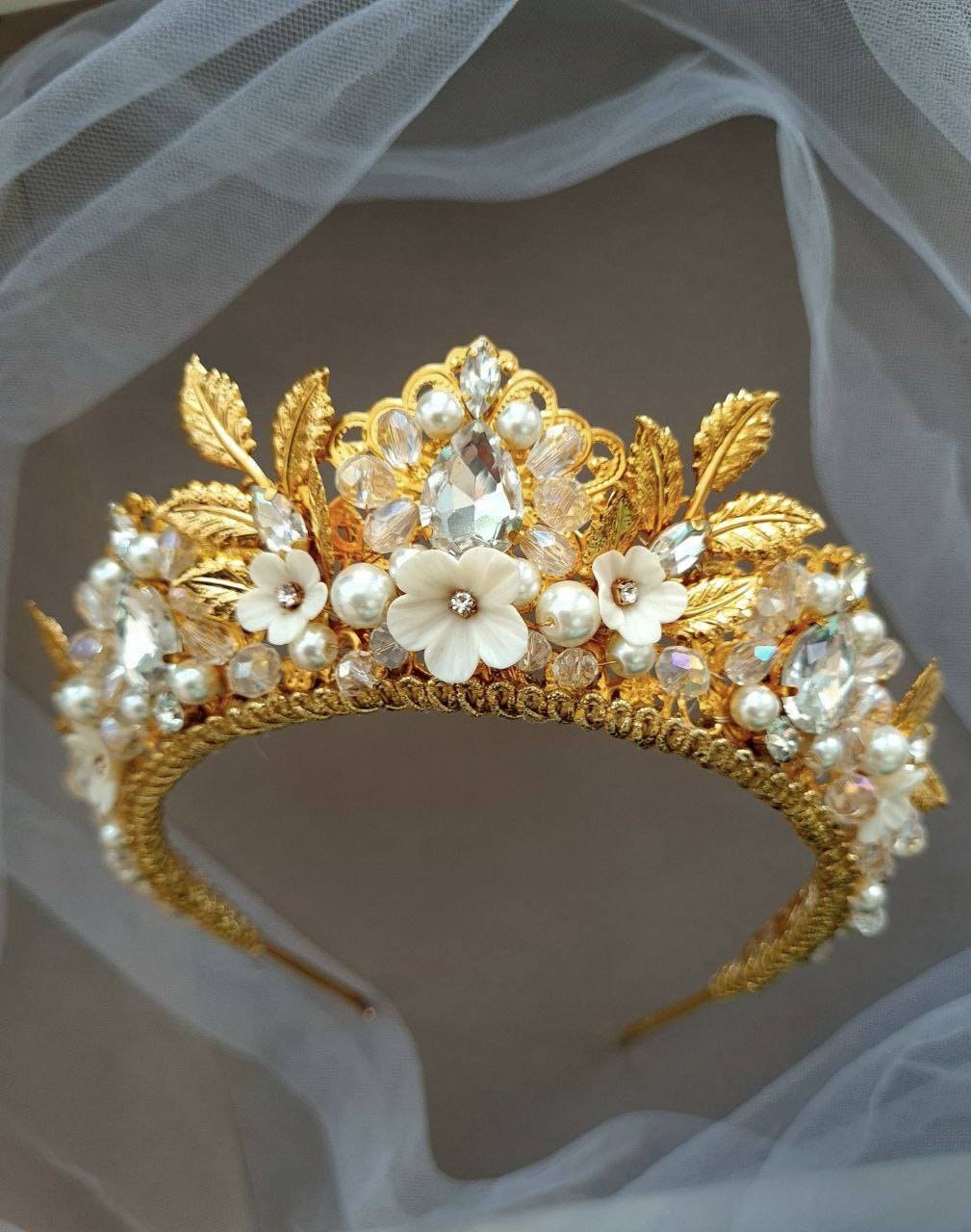 2 Diademe Corona Dea In Foglia Oro - Accessorio Capelli Bohémien Per Sposa, Feste E Foto - Foto 4