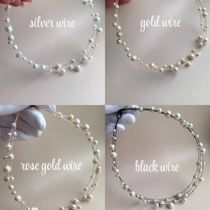 May include: Four pearl headbands with different colored wires: silver, gold, rose gold, and black. Each headband has three rows of pearls.