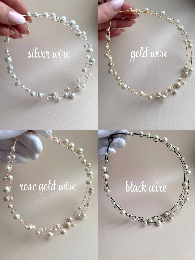 May include: Four pearl headbands with different colored wires: silver, gold, rose gold, and black. Each headband has three rows of pearls.