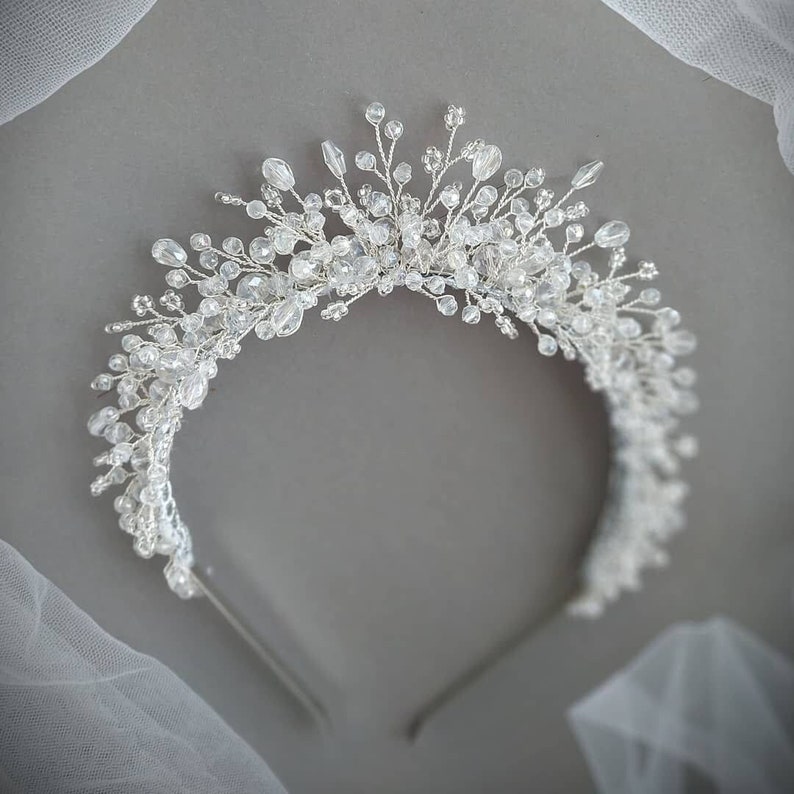 Bridal tiara Crystal headband Bridal headband Wedding headband Beaded headband Crystal crown Bride headband Crystal headpiece Silver tiara image 1