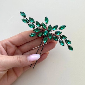 Emerald hair pin Green har pin Green hair piece Emerald hair piece Green hair accessory Bridesmaid hair pins Crystal hair pins image 4