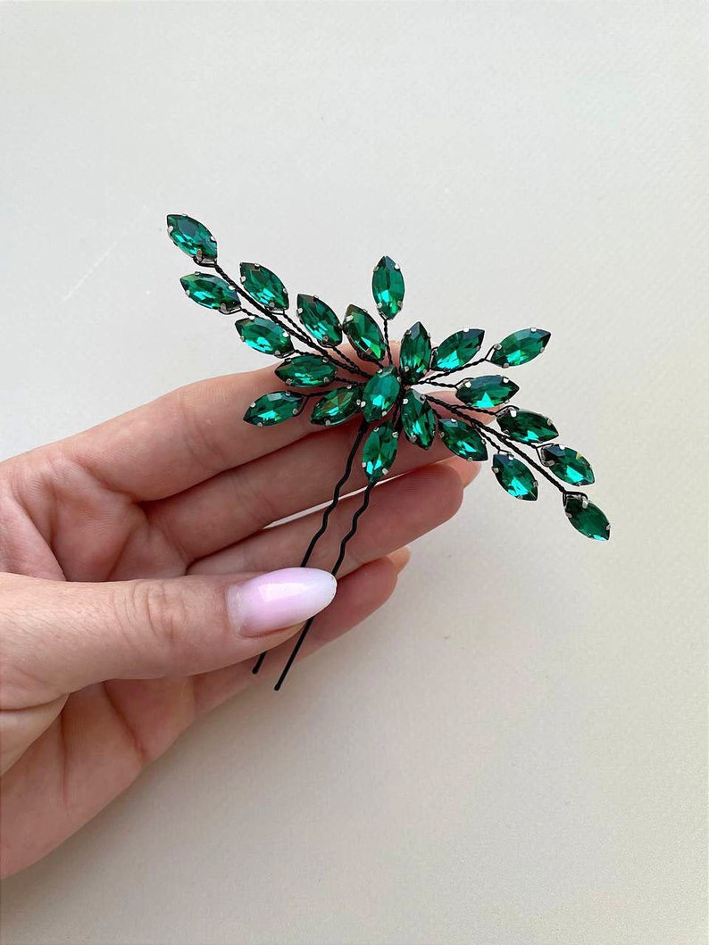 Emerald hair pin Green har pin Green hair piece Emerald hair piece Green hair accessory Bridesmaid hair pins Crystal hair pins image 4