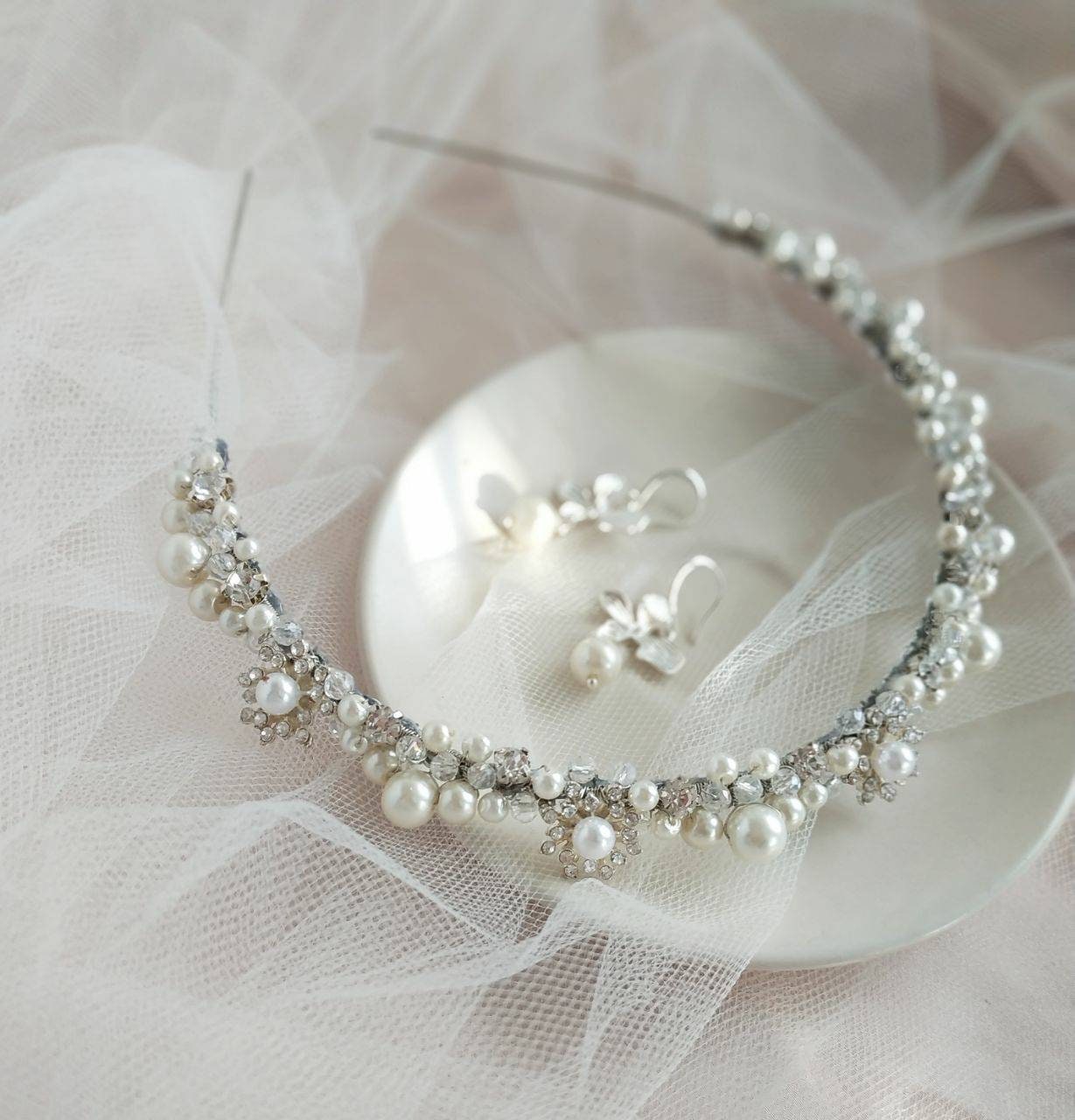 Pearl Tiara Diadem Pearl Jewelry Set Thin Headband Wedding | Etsy