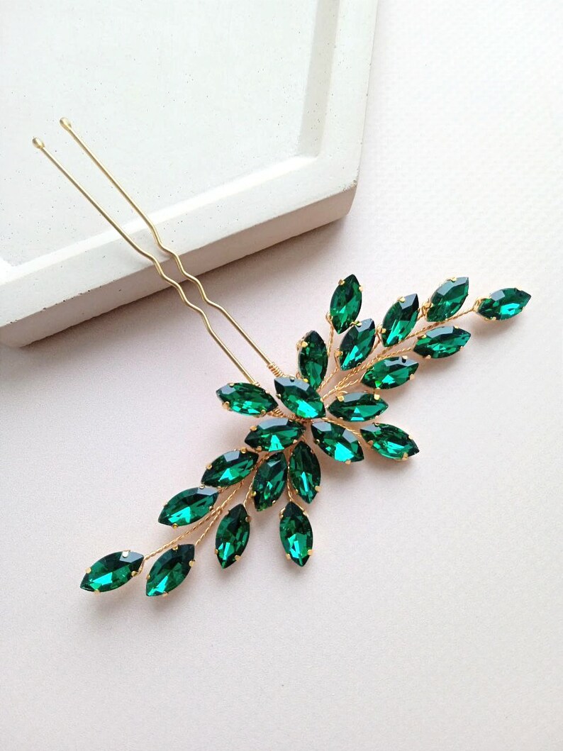 Emerald hair pin Green har pin Green hair piece Emerald hair piece Green hair accessory Bridesmaid hair pins Crystal hair pins image 7