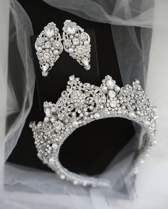 Silver Crystal Bridal Tiara | Pearl Wedding Headband  display picture 3