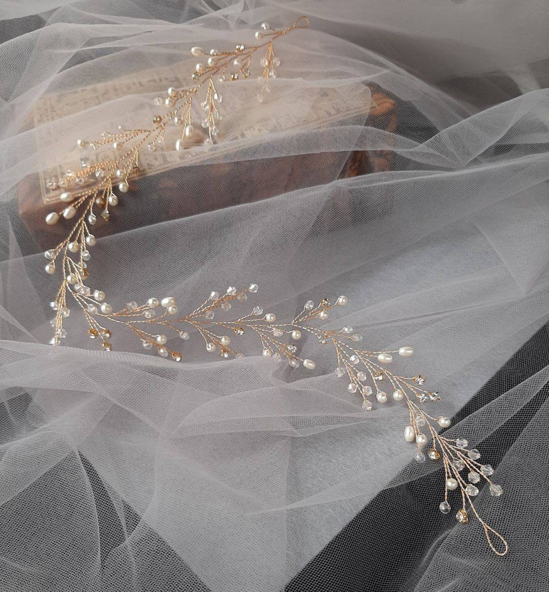 Bridal hair vine Bridal hair pieces Bridal headband Wedding hair accessories Gold hair vine Pearl hair vine Bridal headpiece Long hair vine Gold+Ivory