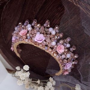 Gold purple and pink floral tiara Purple crown flowers Pink tiara Purple tiara Floral headband Bridal Purple headband Wedding tiara