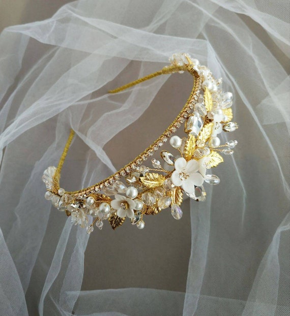 tekst Andrew Halliday Merg Gouden bruids tiara Griekse tiara Diadeem Parel tiara Bloem - Etsy Nederland