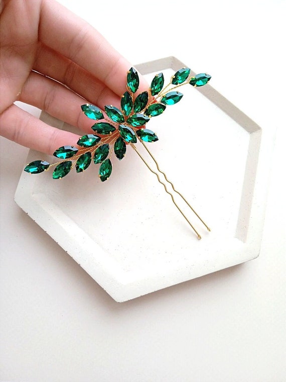 Emerald Crystal Bridal Hair Pin | Green Wedding Accessory  display picture 1