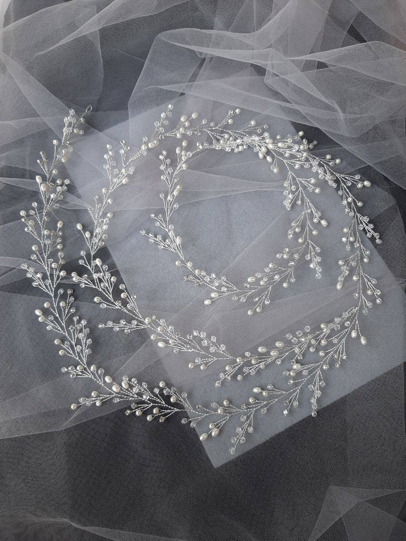 Bridal hair vine Bridal hair pieces Bridal headband Wedding hair accessories Gold hair vine Pearl hair vine Bridal headpiece Long hair vine Silver+White