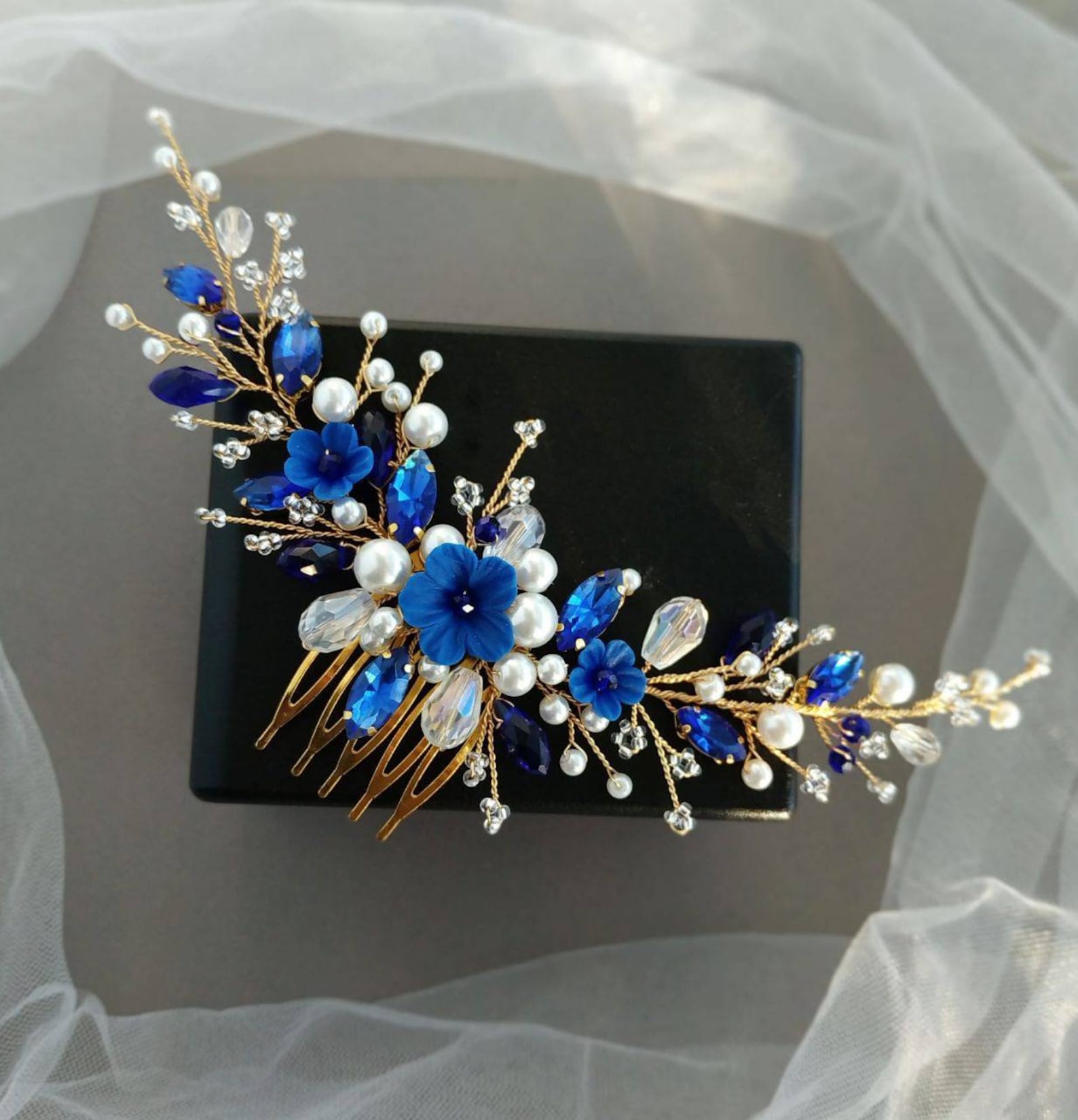Blue Hair Comb Gold Sapphire Hair Comb Flower Hair Comb Blue Etsy