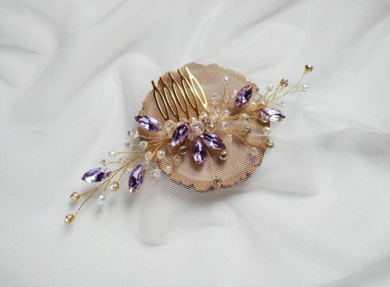 Bridesmaid hair comb ANY COLOR Crystal hair comb Rhinestone hair comb Wedding hair piece Gold bridal comb Purple hair comb Purple hair pin image 3