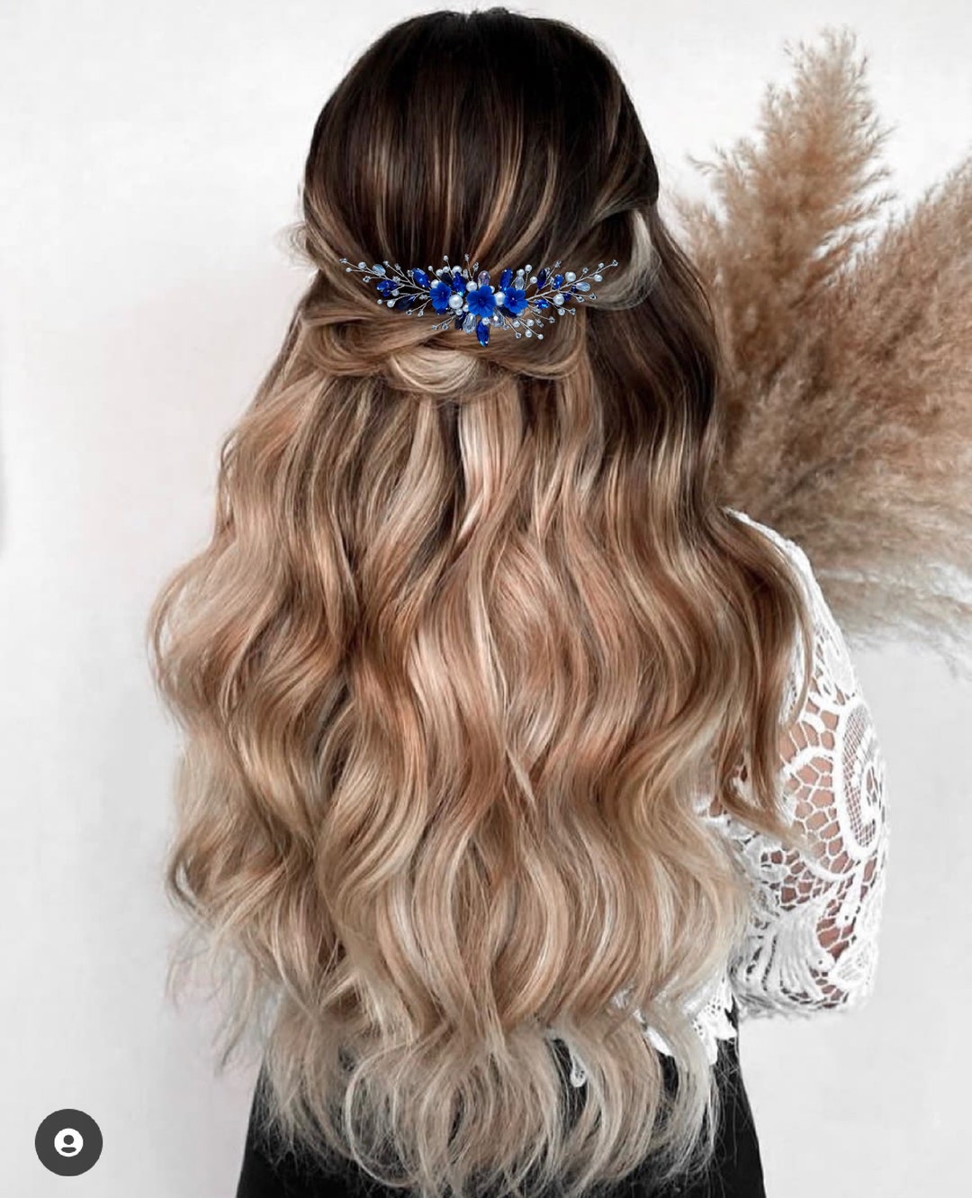 Blue Bridal Hair Comb & Earrings | Rhinestone Pearl Flower  display picture 1