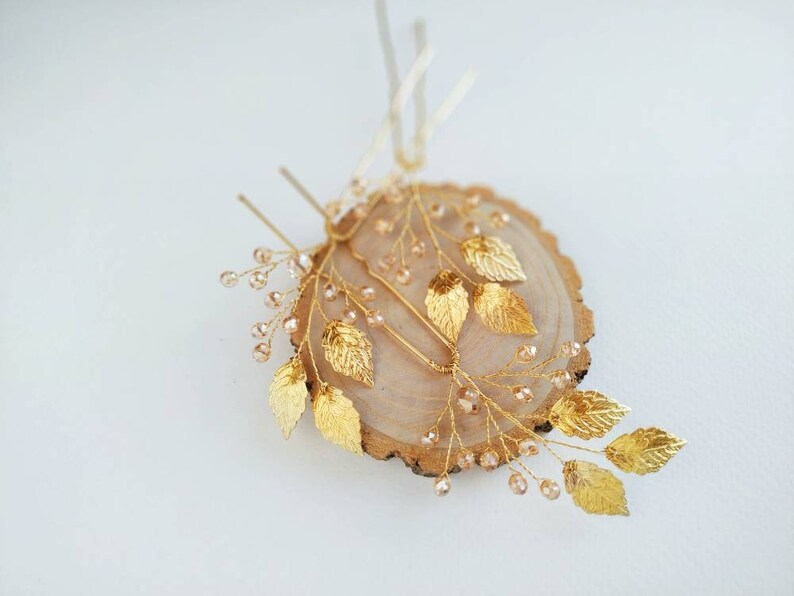 Bridal hair comb leaf gold Hairpiece gold Crystal gold hair pin Floral hair pin Wedding hair accessories gold Bridal set hair pins gold