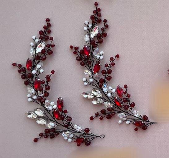 IYOU Sposa Matrimonio Fermacapelli Rosso Fiore Fermagli Capelli Foglia Cristalli Prom Damigella D'onore Accessori per Capelli per Donne (Confezione da 3