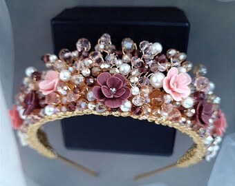 Pink & Burgundy Floral Bridal Tiara | Handmade Flower Crown  display picture 2