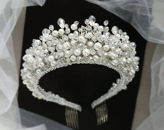 Tiara de perlas Diadema de perlas Diadema nupcial Diadema de boda Tiara nupcial Corona nupcial Corona de cristal Corona de boda diademas nupciales perla