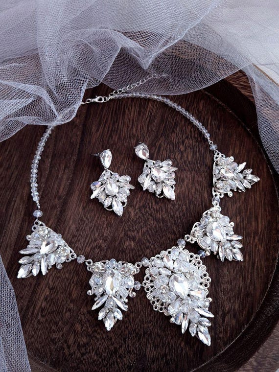 Silver Crystal Jewelry Set | Winter Bridal Necklace and 