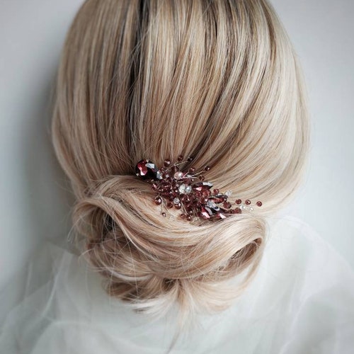 Burgundy Crystal Hair Clip: Bridal Rhinestone Hair Piece - Etsy display picture 2