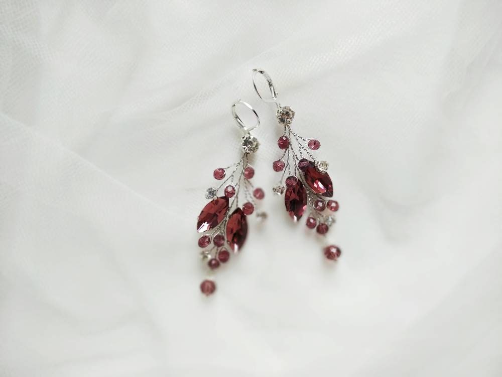 Burgundy Earrings Red Crystal Earrings Maroon Earrings Dark - Etsy
