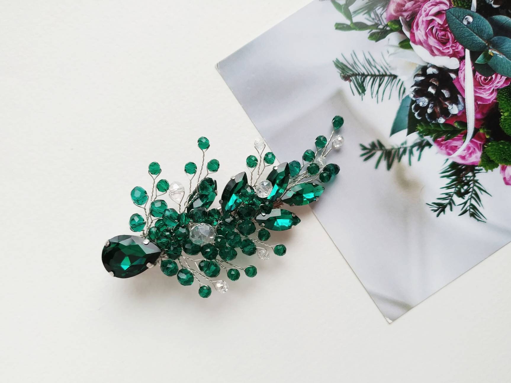 Neiman Marcus Green Crystal Bridal Hair Clip High Quality Elven Floral Hair Barrette made with Emerald  main image 2