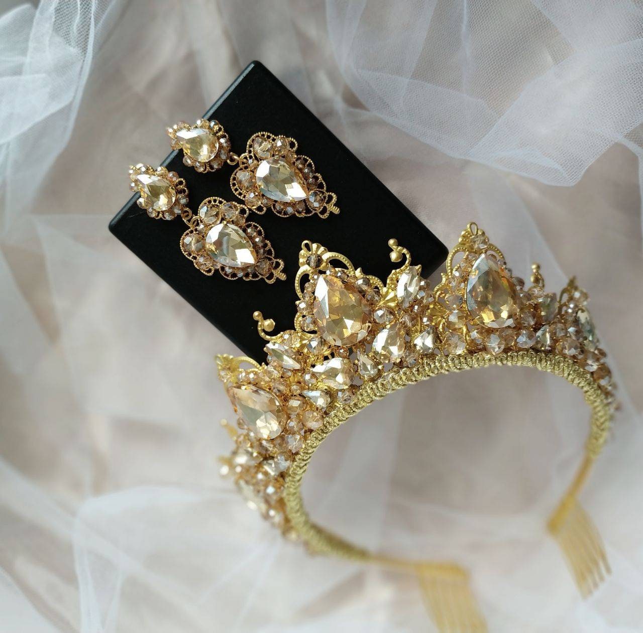 Gold Bridal Tiara | Champagne Crystal Crown | Wedding 