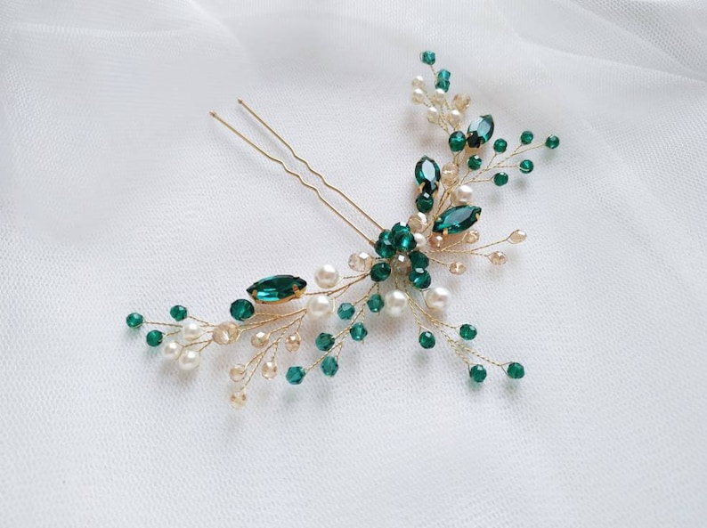 Emerald Hairpin Gold/hair Clip Green Pearl/wedding Hair Etsy
