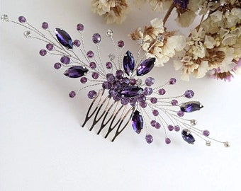 Dark purple hair comb Purple jewelry set amethyst jewelry set Purple hair accessories Purple hair piece Amethyst hair comb Crystal hair comb