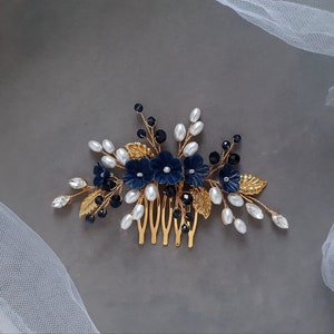 Navy blue jewelry set Navy blue hair comb Navy jewelry set Navy blue earrings Blue hair combs Navy blue hair comb Something blue bride image 3
