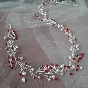 Red pearl hair vine Red hair pieces Bridal head piece Bridal hair vine Red hair vine Rose gold headpiece Red hair accessories Crimson hair