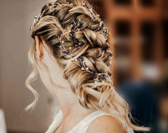 Blue hair vine Rose gold hair vine Wedding hair accessories Crystal hair vine Blue hair piece Bridal hair vine pearl Sapphire hair vine