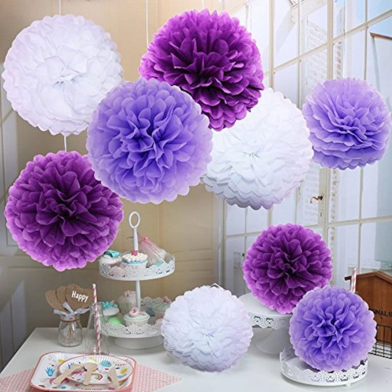Tissue Paper Pom Pom Flower Balls PurpleWhite DIY Pom Pom Flower Balls Party Pom Pom Wedding Decoration Anniversary Hanging Decor 12 Pack